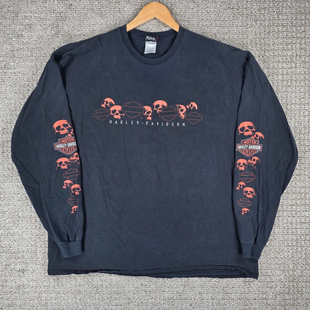 Harley Davidson Boise Skull Graphic Long Sleeve Hit Shirt Black 3XL Faded